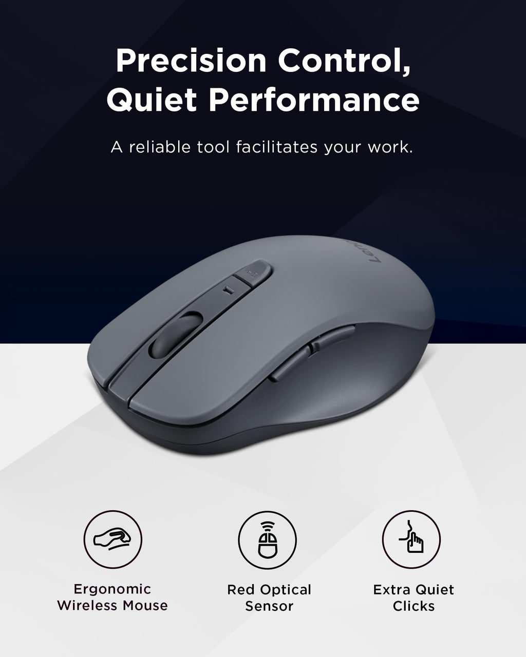 Lenovo WL310 Bluetooth Silent Mouse, Ergonomic, Adjustable DPI, Silent Clicks, Bluetooth 5.0, Portable for Windows, Mac, and Chromebook, Grey