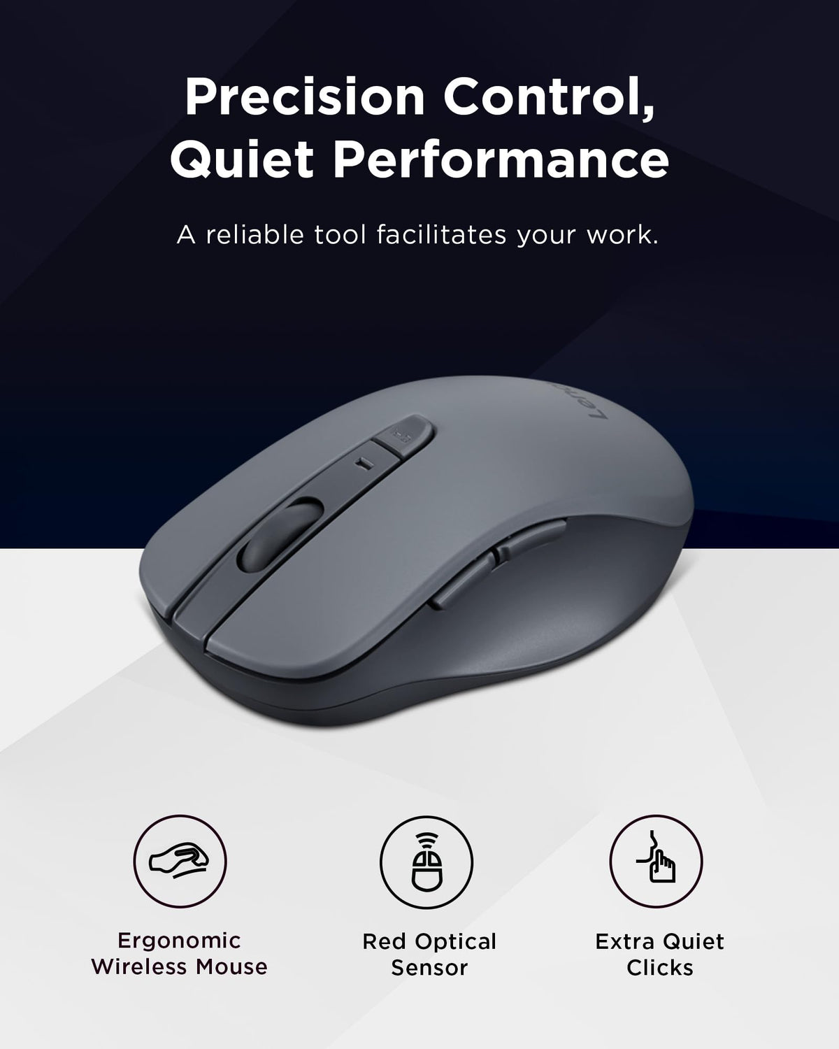 Lenovo WL310 Bluetooth Silent Mouse, Ergonomic, Adjustable DPI, Silent Clicks, Bluetooth 5.0, Portable for Windows, Mac, and Chromebook, Grey