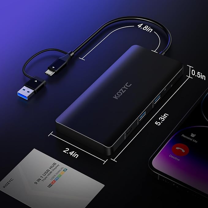 USB C Docking Station 3 Monitors Compatible with Mac/Windows, KOZYC Triple Display Docking Station with 3xHDMI(4k60Hz/30Hz+1080p), 3xUSB 3.0, SD/TF, 100W PD with HDMI Splitter Extend Display 3 Monitor