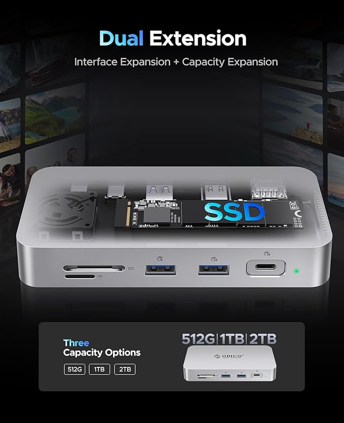 ORICO 512 GB External SSD Docking Station, SSD Expansion + Hub Extension, Up to1000MB/s, 10-in-1 USB C HUB with Internal SSD, Support 4K@60Hz HDMI Display, 100W PD, Ethernet, SD/TF, Mac Mini - SJ10