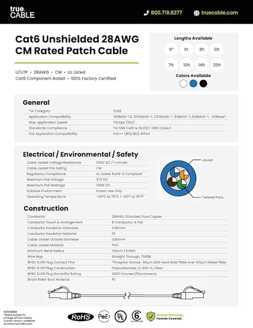 TRUECABLE Cat6 Component Rated Patch Cable, Unshielded (U/UTP), 6in, Black, 28AWG Solid Copper, Snagless 10G High-Speed Ethernet Cable, PoE++ 4PPoE 100W, UL Listed, RoHS-3, 1 Pack
