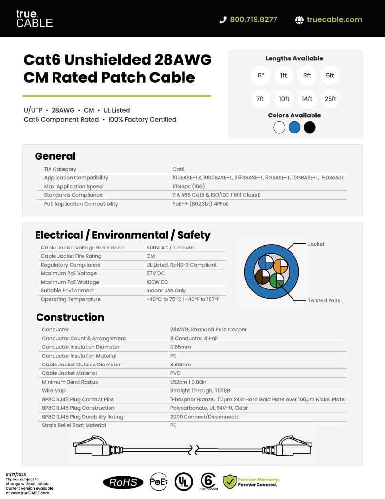 TRUECABLE Cat6 Component Rated Patch Cable, Unshielded (U/UTP), 14ft, Black, 28AWG Stranded Pure Copper, Snagless 10G High-Speed Ethernet Cable, PoE++ 4PPoE 100W, UL Listed, RoHS-3, 1 Pack
