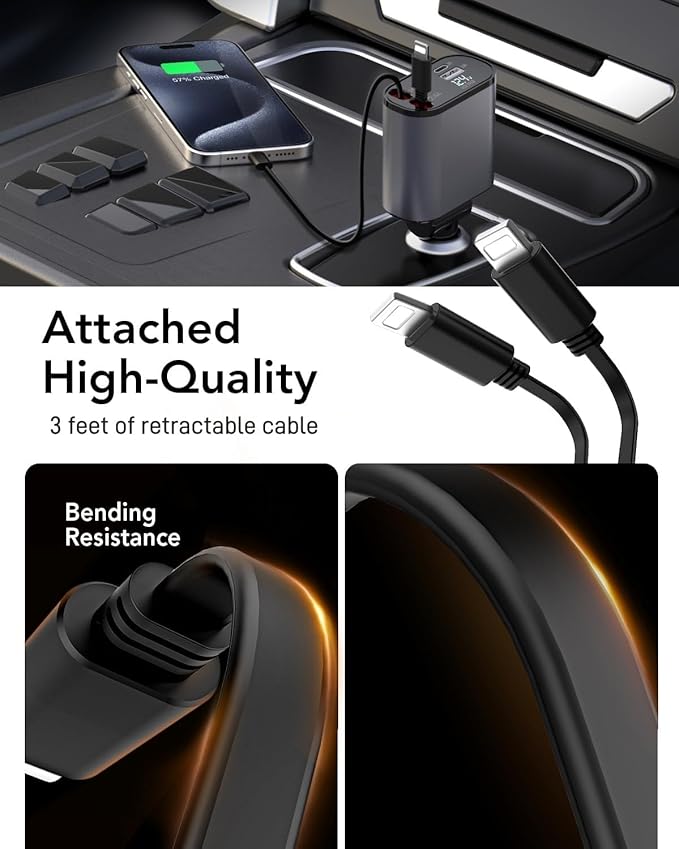 Retractable Car Charger, 4 in 1 Fast Charging 69W, Cigarette Lighter Adapter 2 Retractable iPhone Cables and USB Car Charger,Compatible with iPhone 15/14/13/12/11,Galaxy,Pixel