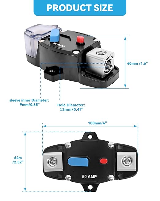 50 Amp Circuit Breaker with Manual Reset Waterproof Inline Fuse Inverter for Marine Trolling Motors Boat ATV Manual Power, Suface Mount, 12V-48V DC