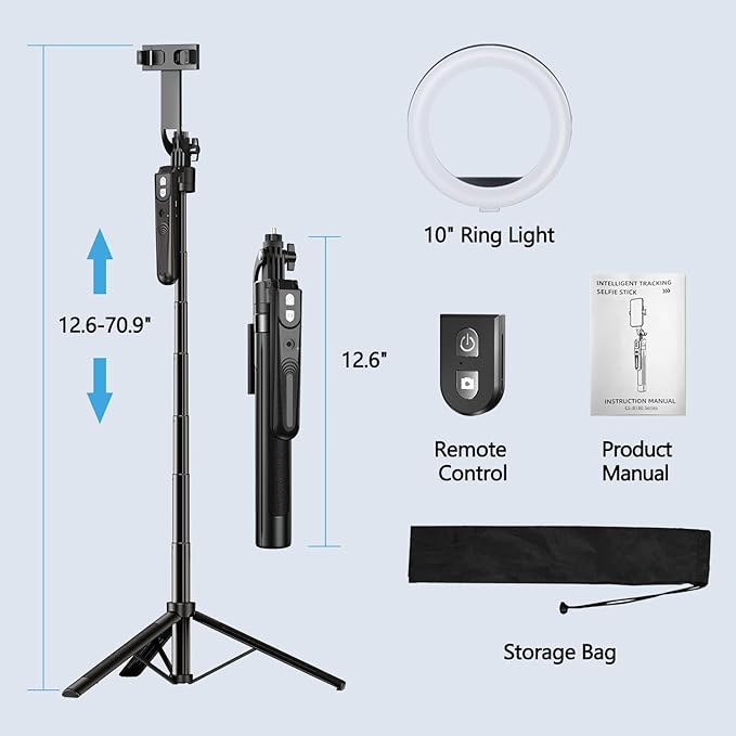 70.9" Auto Face Tracking Tripod 360° Rotation with 10" Ring Light, Phone Tripod & Selfie Stick with Remote for Cell Phone 4"-7", Motion Sensor Phone Tripod for Tiktok Live Stream Vlog Video Recording