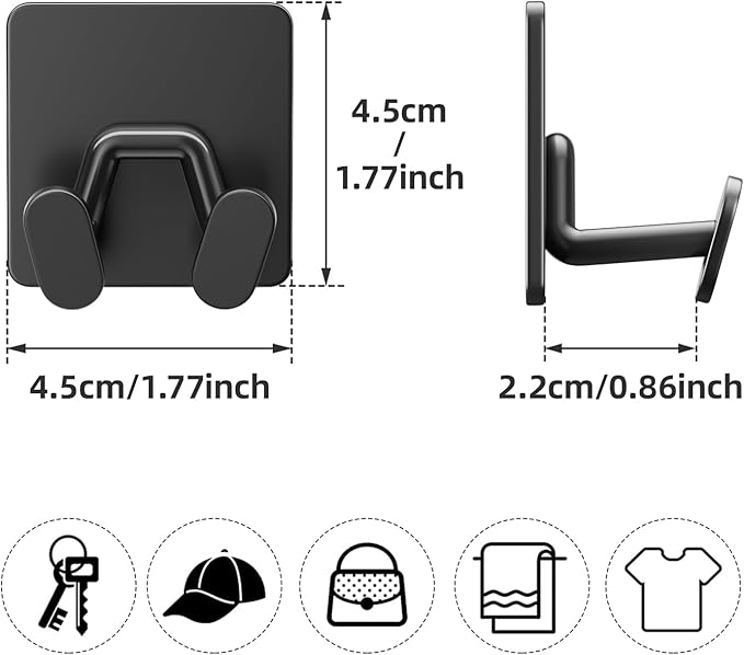 Adhesive Shower Hooks for Inside - Extra Sticky Stainless, Razor Holder Shower Accessories, Wall Mounted Self-Adhesive Double Hooks for Razor, Loofah, Towel, Shaver, Coat, Key, Matt Black, 6 Pack