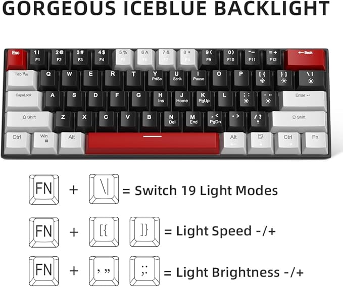 60% Mechanical Gaming Keyboard,Mixed Color Keycaps Gaming Keyboard with Linear Red Switches, Detachable Type-C Cable Mini Keyboard with Blue LED Light for PC/Laptop