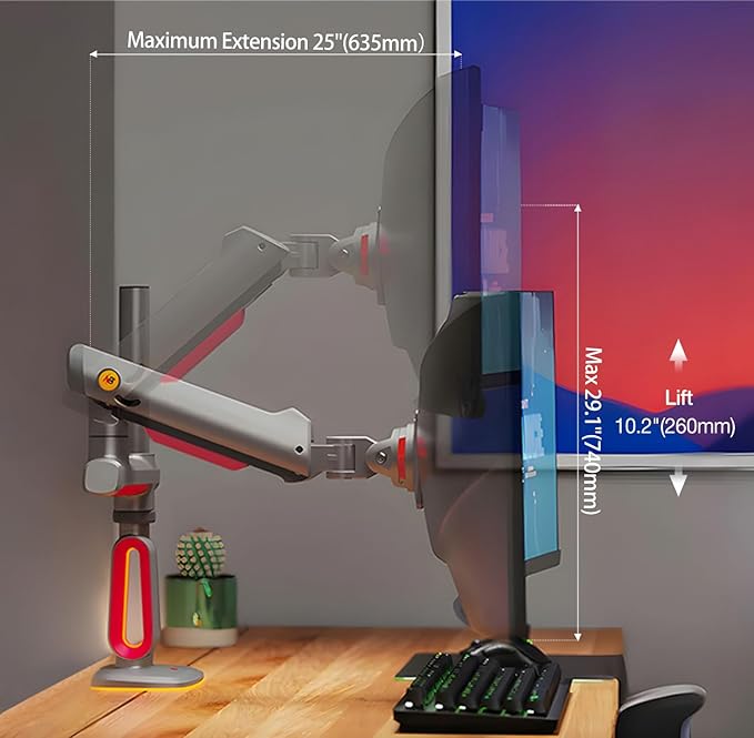 RGB Gaming Monitor-Arm for Flat/Ultrawide/Curved Monitors 32 to 60 inch, Heavy Duty Stand Load up to 20 kg, VESA 75/100 mm Monitor-Mount L70