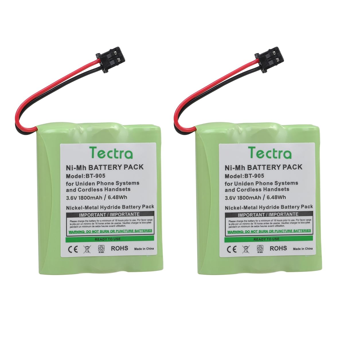 Tectra 2-Pack BT-905 Cordless Phone Battery for Uniden BT905 BT-800 BT-1006 BBTY-0444001 BBTY-0449001 Panasonic P-P501 P-P508 AT&T 200 24032 Cordless Telephones