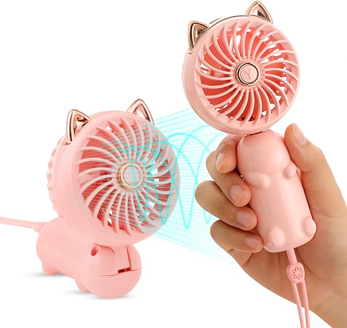 QearFun Handheld Lanyard Fan Portable, Mini USB Rechargeable, 3 Speed Strong Personal, 8-12 Hours Small Makeup for Girls Women Travel Beach (Pink&Green)