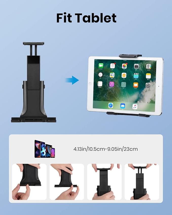 Moukey Tablet Holder for Microphone Stand, Adjustable Mic Music Stand Phone Holder Mount, Compatible with iPad, iPhone, Android, All 4.7 to 12.9 Inches Tablets & Smartphones
