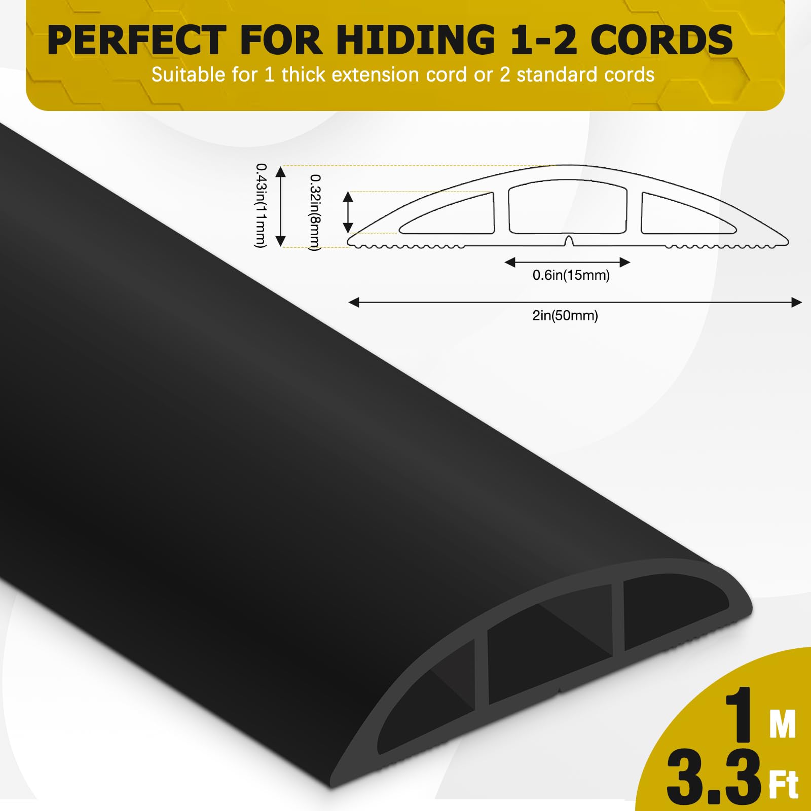 JAHOMFAI Floor Cord Cover 3.3FT Cord Covers for Wires on Floor Protect Wires & Prevent Trip Hazards, Easy to Cut for Home, Office, School, Concerts, Cavity W0.6in x H0.32in