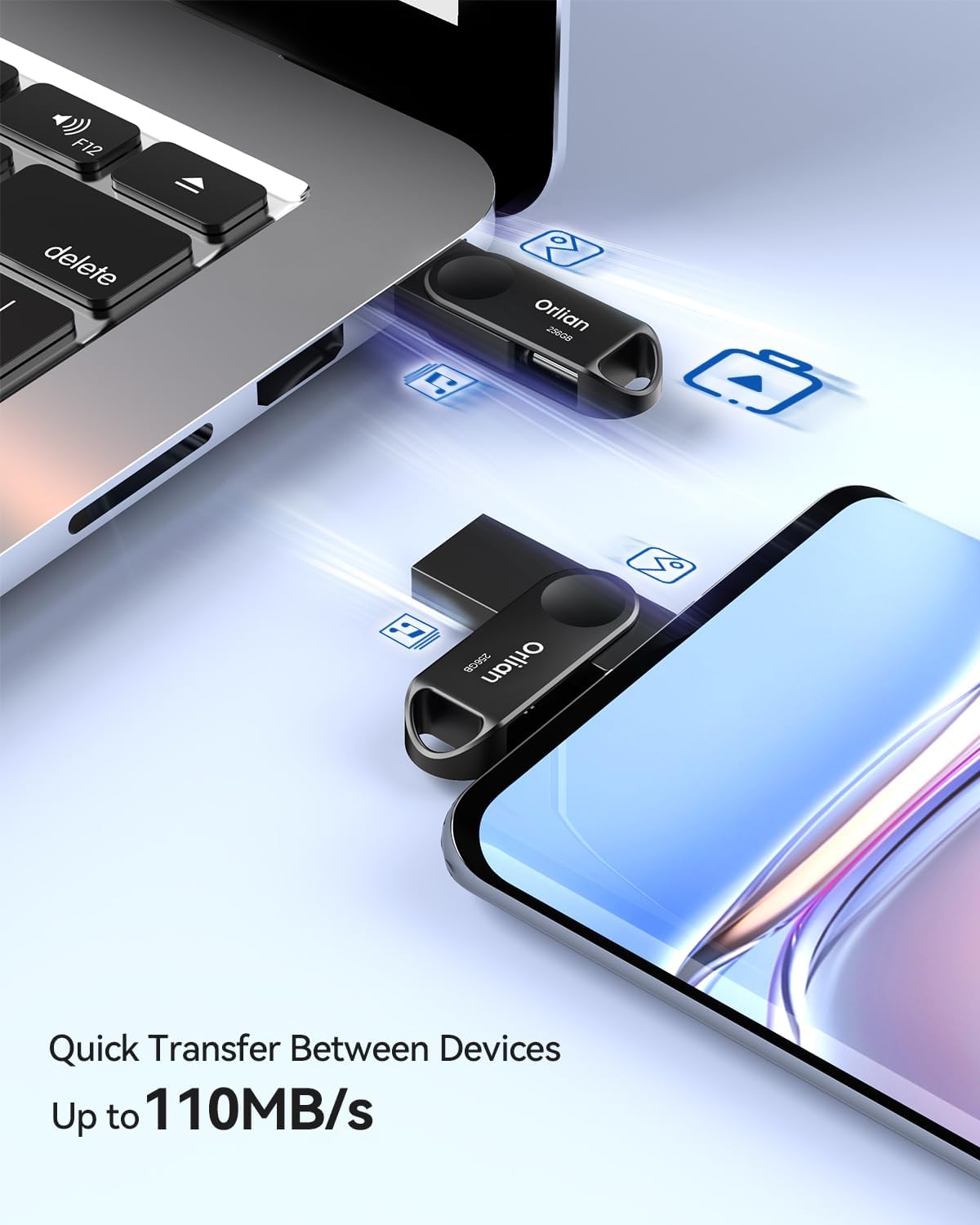Orlian 256GB USB C Flash Drive for Phone, up to 110MB/s Dual USB 3.0 Phone Thumb Drive Type-C & USB-A, Metal Waterproof Swivel Memory Stick for iPhone 15/16/17, Android, Tablet, Computer PC
