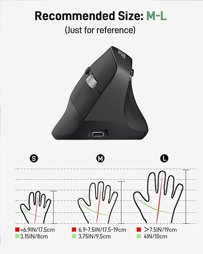 acer Ergonomic Mouse Wireless, Adjustable DPI Vertical Mouse 1000/1200/1600 with 6 Buttons, Rechargeable Ergo Mice with 2.4GHz USB Receiver for Computer, Laptop, PC, iMac and Desktop