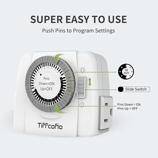 TiFFCOFiO Indoor Mechanical Light Timer, 3 Prong Plug in Outlet Timer, 2 Grounded Outlets for Indoor Lightings, ETL Listed