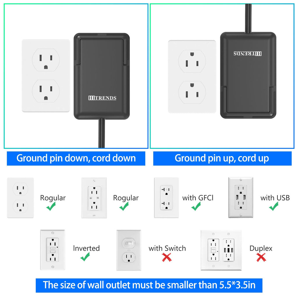 6ft Flat Plug Dual Extension Cord with 6 Outlets, Outlet Cover Extension Cord Flat Wall Plug, Pull Tab Design Outlet Extender, Flat Power Strip Outlet Concealer, Child & Pet Safe, 1875W, Black