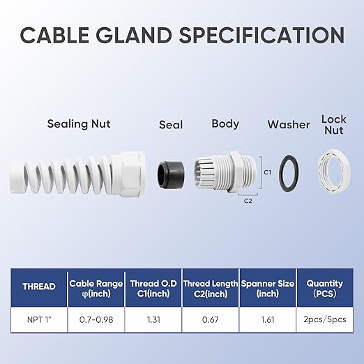 Strain Relief Cord Connector,LISTENJIALE 2Pcs NPT 1" Waterproof Cable Gland Flex Spiral Strain Relief Adjustable 18-25mm Cable Connector Nylon Joint with Gaskets(Grey)