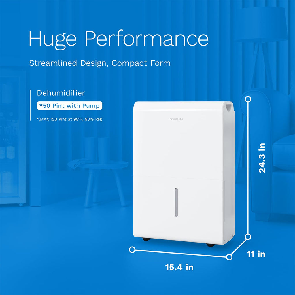 hOmeLabs Dehumidifier 7,500 Sq Ft 50 Pint with Pump 120 Pint 95°F, 90% RH