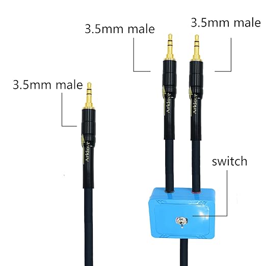 2ft Sound Channel swicher 1/8" aux Input 3.5mm Female to 2X 3.5 Output Switch Selector 2 in 1 Out R/L Stereo Audio 1 in 2 Out Stereo Audio Splitter with Phone pc Player