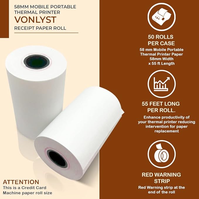 Vonlyst Receipt Paper Roll for 58mm Mobile Portable Thermal Printer (Pack 50 rolls)