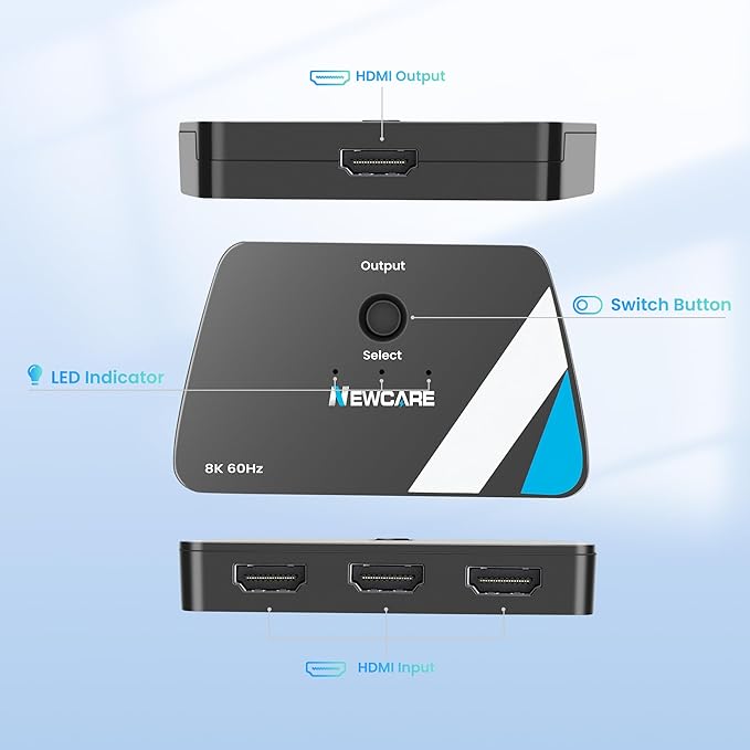 NEWCARE 4K@120Hz HDMI Switch 3 in 1 Out, HDMI 2.1 Splitter 8K@60Hz with 2.6 ft HDMI 2.1 Cable, HDMI Switcher Support 48Gbps, HDR10+, VRR, Dolby, HDCP 2.3, Compatible with PS5/PS4 Xbox TV Projector