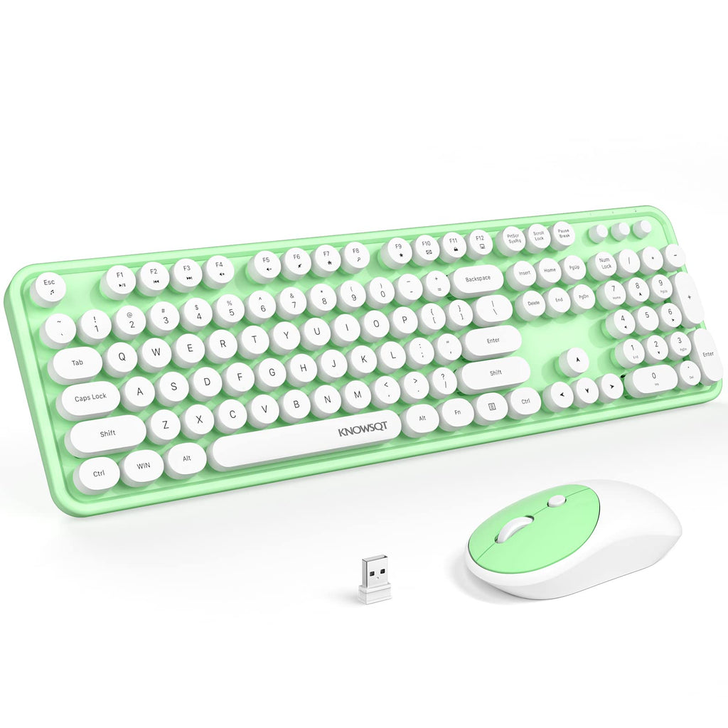 KNOWSQT Wireless Keyboard and Mouse Combo - White-Green Full-Sized 2.4 GHz 104 Keys Typewriter Keyboard, Flexible Round Keycap and Optical Mouse for Windows, Computer, PC, Laptop, Desktop, Mac