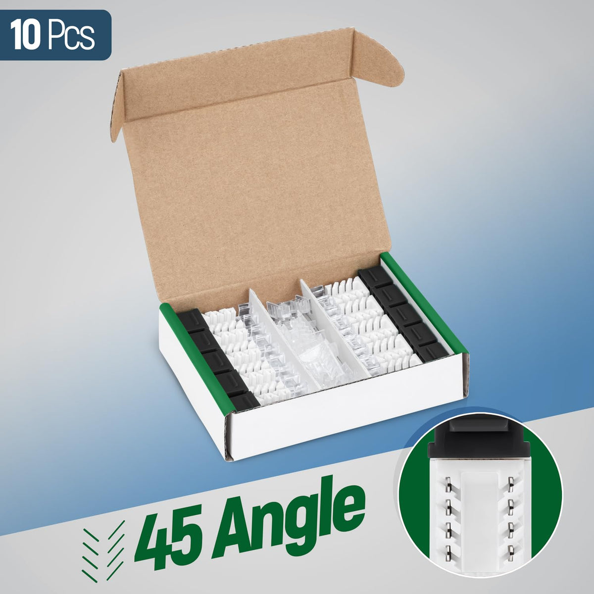 Everest 45 Degree RJ45 Cat6A Keystone Jacks Slim Profile 10-Pack Black