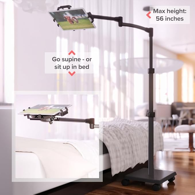 LEVO G2 Deluxe Premium Tablet Floor Stand with Long Extension Arm – Adjustable Rolling iPad Holder & Mobile Cart for Bed, Sofa, or Office–Ergonomic 5-Axis Arm, 30–56″ Height, Fits up to 13.5″ Devices