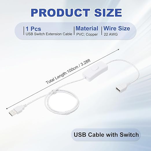 MECCANIXITY USB Extension Cable with ON/Off Toggle Switch 1m USB Male to Female Extension Cord for Desk Lamp Fan LED Light Strip White Pack of 1