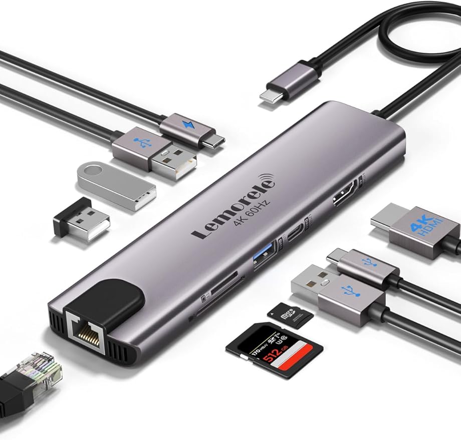 Lemorele USB C Hub Multiport Adapter 10-in-1 for MacBook Pro with HDMI 4K 60Hz, Gigabit Ethernet, 100W Power Delivery, 2 USB 3.0 Ports, SD/TF Card Reader, for HP/Dell/Lenovo Laptops