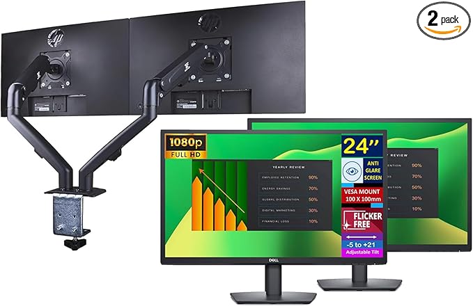 Dell 24" FHD VA (1920x1080) 60Hz Flicker Free Monitor, Anti-Glare Display, 1 x DisplayPort, 1 x VGA, VESA Mount (100x100mm), Home & Business, Black (2025) & ErgoFlexy Dual Monitor Mount(2Pack)