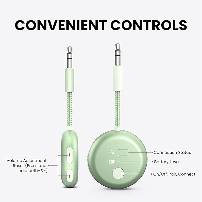 Avantree SoundJet R1 – Airplane Bluetooth Adapter for Headphones & AirPods, aptX Adaptive, Qualcomm Chipset, 20H Battery, Wireless Audio Transmitter for in-Flight Travel Essentials - Green