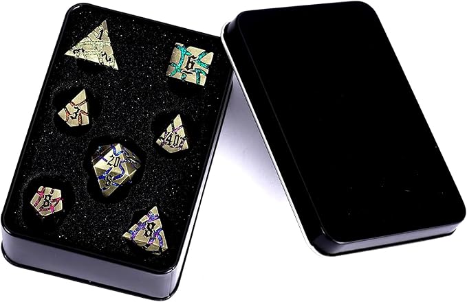 Metal DND Dice Set, 7PCS Polyhedral D&D Dice Set,Glitter Crack Dice Set for Dungeons and Dragons Role Playing Game(Antique Blue 7 Colors)
