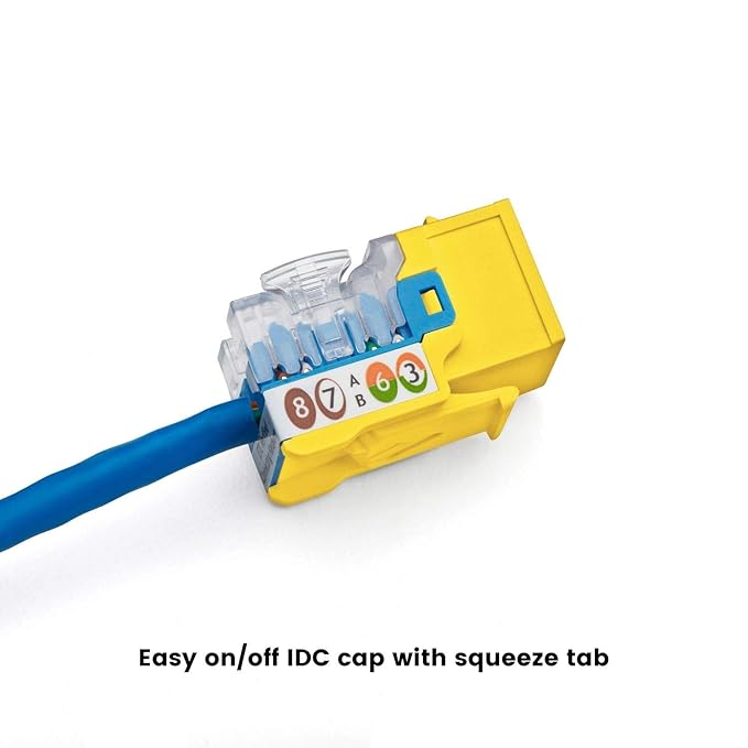 TRUE CABLE Cat5e Keystone Jack, Unshielded (UTP), 90 Degree Punch-Down, PoE++ (4PPoE) 100W, UL Listed, ETL Verified, ANSI/TIA Certified, Modular RJ45 Female, Yellow, 48 Pack