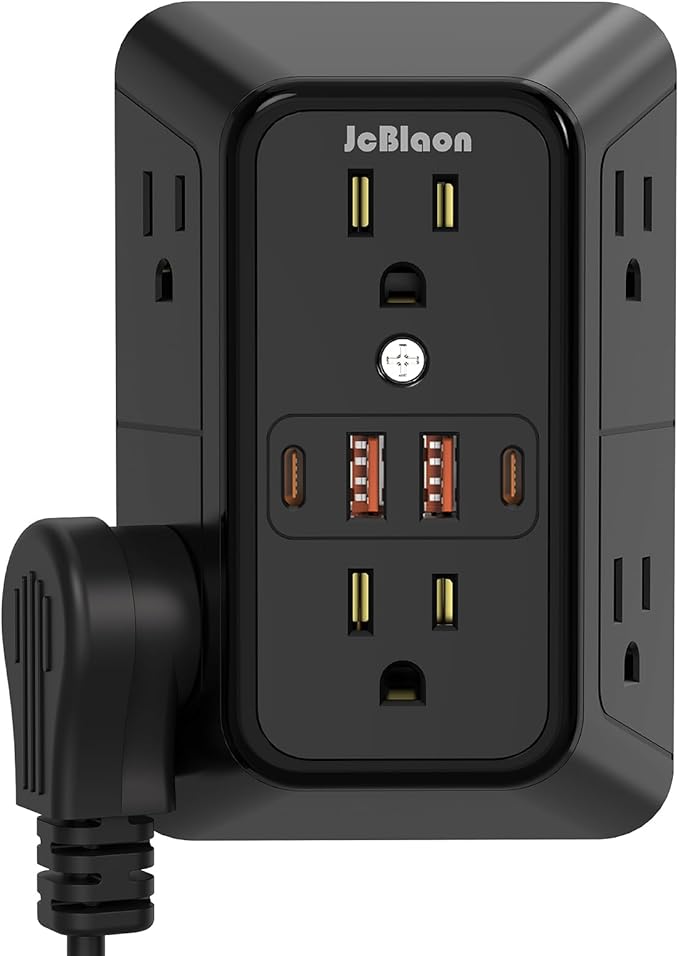 USB Wall Charger Power Strip Surge Protector with 4 USB Ports (2 USB C) Plug Extension Multiple Outlets Plug Extension Multi Outlet Plug in Adapter Spaced Outlets for Home Office Travel,White (Black)