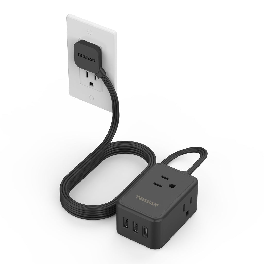TESSAN Small Flat Plug Power Strip, Ultra Thin Extension Cord 5 ft, Black