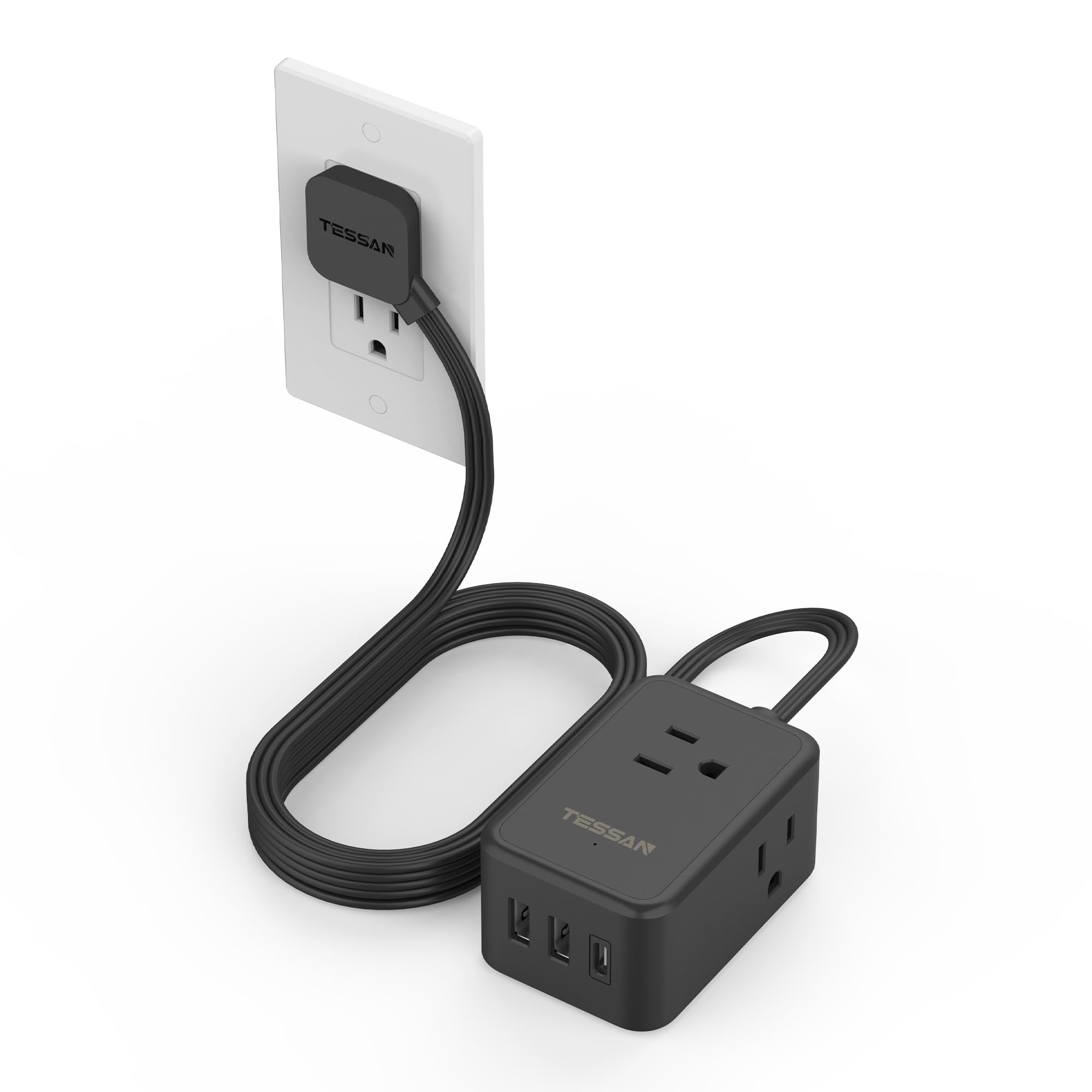 TESSAN Small Flat Plug Power Strip, Ultra Thin Extension Cord 5 ft, Black