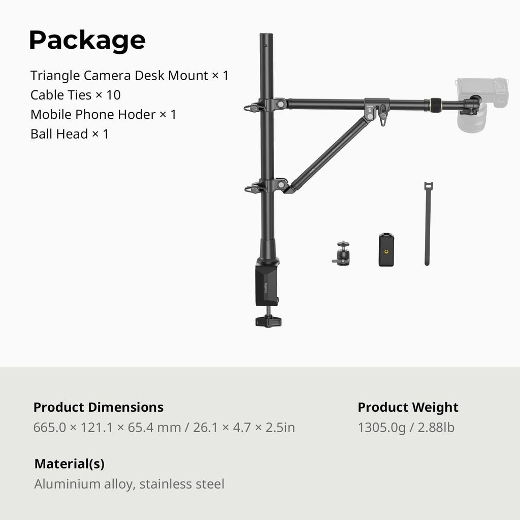 SMALLRIG Triangle Camera Desk Mount, Overhead Desk Clamp Phone Mount