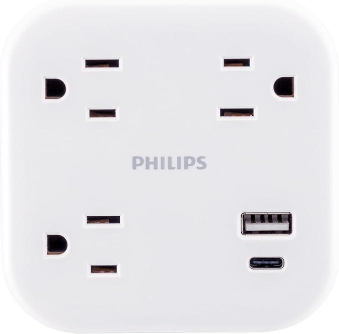 Philips EZFit 3-Outlet Surge Outlet Extender with USB, 1 USB-A, 1 Type-C, Adapter Spaced, Charging Station, 12W, 980 Joules, 2 Pack, White - SPP3605W/37