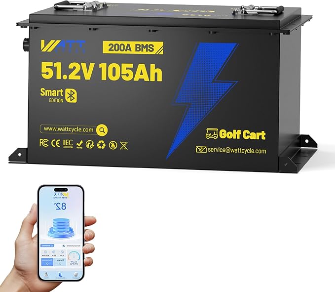 WattCycle 48V 105Ah Golf Cart Batteries, 48V Lithium Battery 250A BMS with 15A Charger, IP65 Waterproof Marine Batteries, LiFePO4 Battery 15000+ Deep Cycles, Built-in Bluetooth, Perfect for RV, Solar