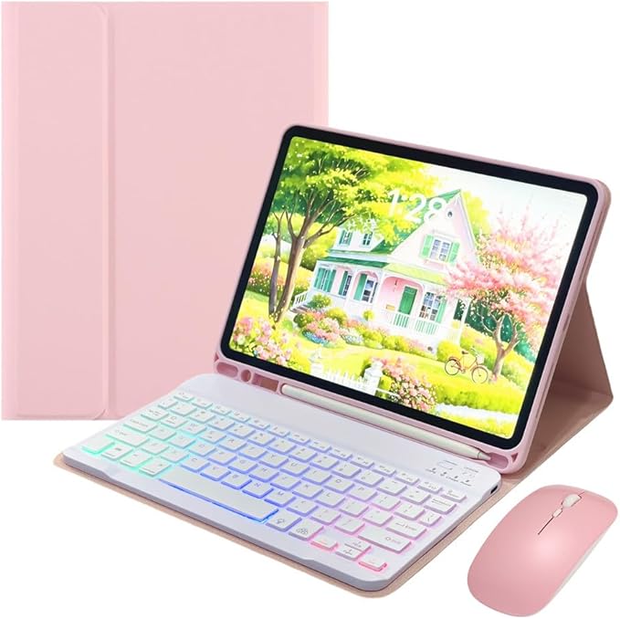 Rainbow Backlit Keyboard Case for iPad Pro 11 inch (M4) 2024 with Mouse and 7 Colors RGB Colorful Backlight Magnetic Detachable Bluetooth Keyboard Cover,Pink