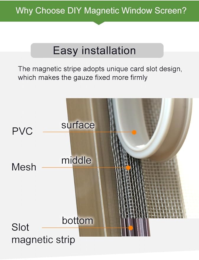VKX Adjustable DIY Magnetic Window Screen, Fiberglass Mesh, Strong(720GS) Magnetic Strips, White Frames Grey Mesh, Suitable for Various Types of Screen Windows (36 "x 55")