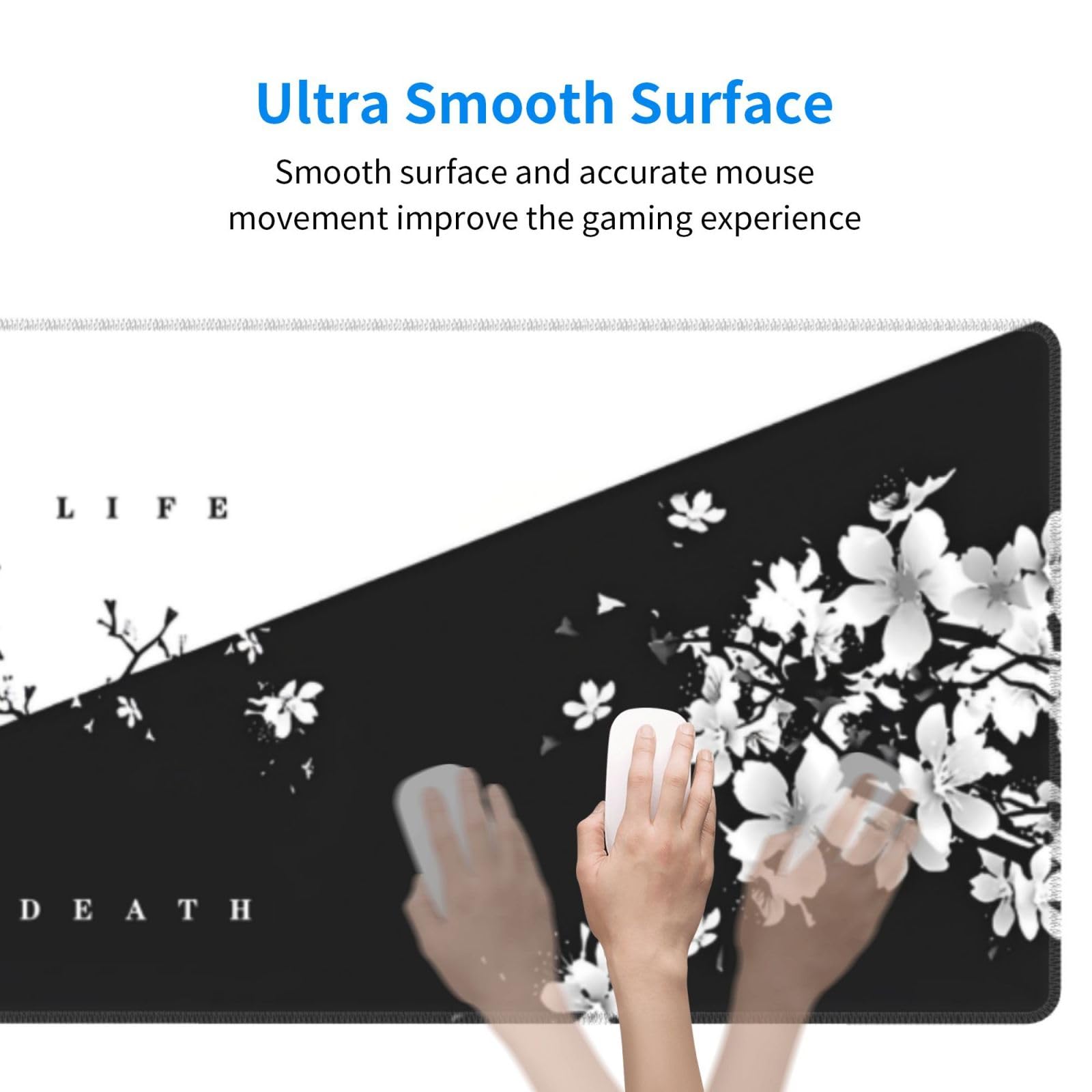 Japanese Life Death Keyboard Mat, Black White Japanese Anime Gaming Mouse Pad for Desk with Anti-Slip Rubber Base and Stitched Edges, Japanese Sakura Pagoda Sun Mouse Pad