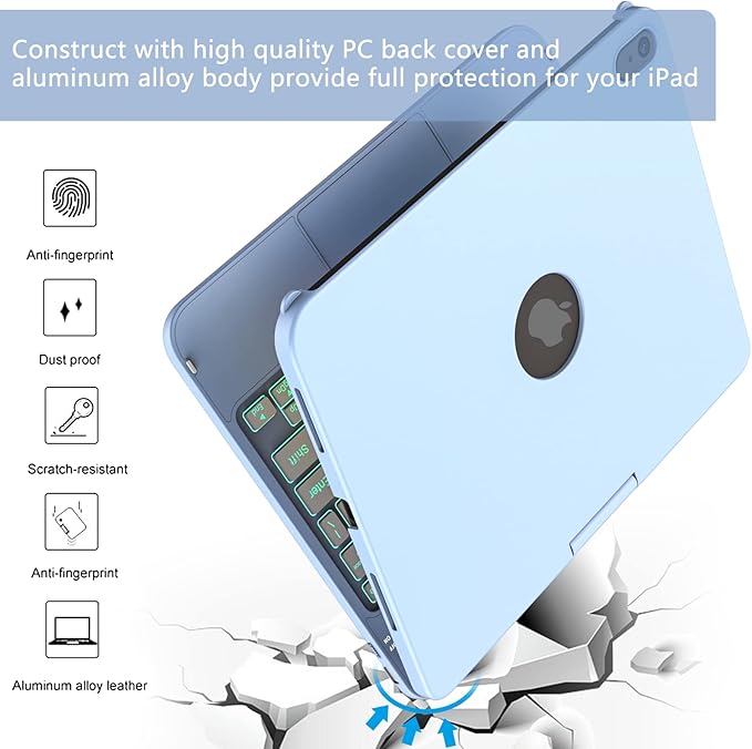 for iPad A16 11th Generation/10th Generation Case with Keyboard,Touch Keyboard for iPad 11" /10th Gen 10.9 inch 2022-10 Color Backlight, 360° Rotatable Protective Cover (Ocean Blue)
