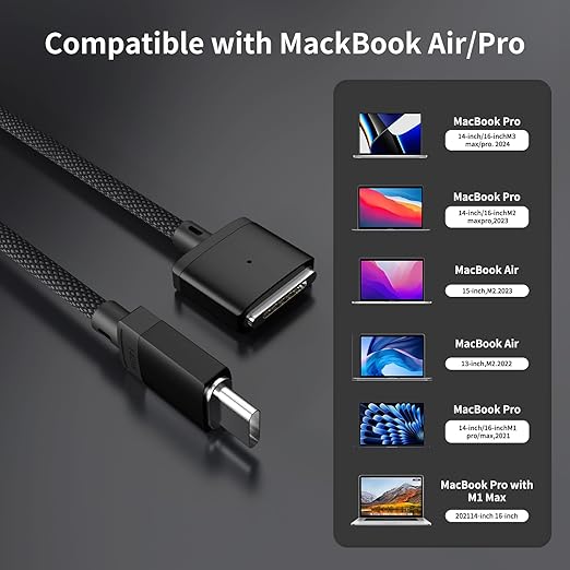 USB-C to Magnetic 3 Cable 140W, Safe Charging Cable Compatible with MacBook Pro 2021 M1 Pro & Max 14" 16", MacBook Air 2022 M2, Pro 2023 M2 Pro & Max 14" 16" - 6.6ft, Black