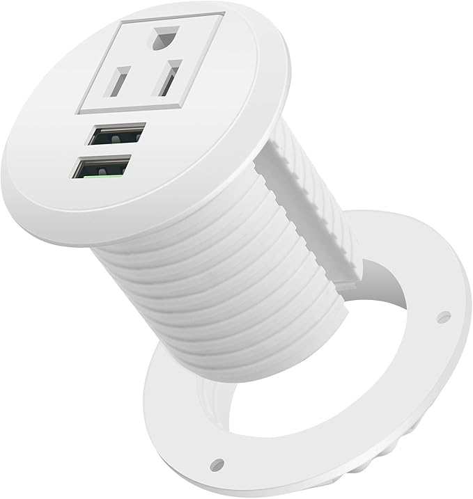 Desktop Power Grommet,Desk Grommet Outlet 2 inch Hole,Power Grommet with USB, Easy Access to 1 power Source Along with 2 USB Power Port Connections(white)