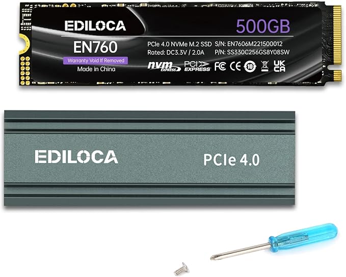 500GB M2 NVME SSD with Heatsink - PCIe Gen4.0 NVMe M.2 2280 3D NAND TLC, 4800MB/s Read, Internal Solid State Drive for PS5/PC, Dynamic SLC Cache, PS5 Storage Expansion, 5-Year Warranty(EN760)
