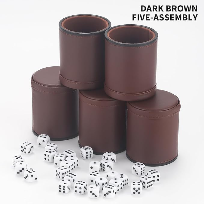 5 Pack PU Leather Dice Cups Velvet Felt-Lined Shaker Cups with 25 Dot Dice for Bar Party Yahtzee Farkle Dice Games, Brown