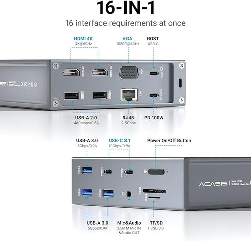 ACASIS USB C Docking Station Dual Monitor, 16-in-1 Laptpop Docking Station with 2* HDMI,VGA,2.5G Ethernet,SD/TF10Gbps USB-C 3.1,3.5mm Audio,PD100W,USBC Hub for Dell/Lenovo/HP/ThinkPad (Sliver)