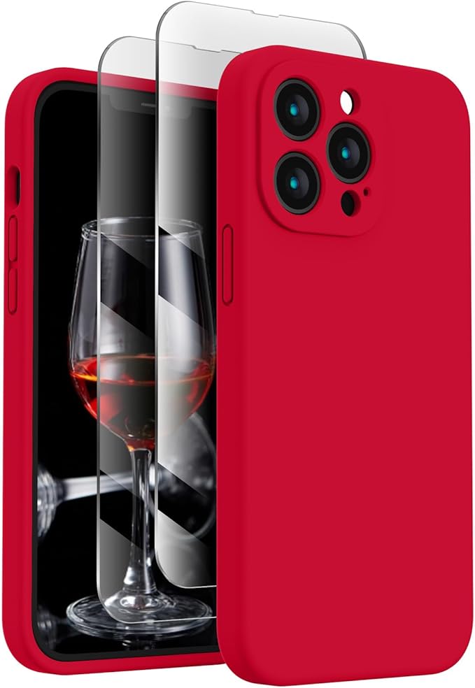 FireNova Designed for iPhone 13 Pro Max Case, Silicone [Camera Protection] Phone Case with [2 Screen Protectors], Soft Anti-Scratch Microfiber Lining Inside, 6.7 inch, Deep Red